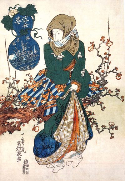 浮世絵、娘行列大井川之圖三枚綴り、渓斎英泉画